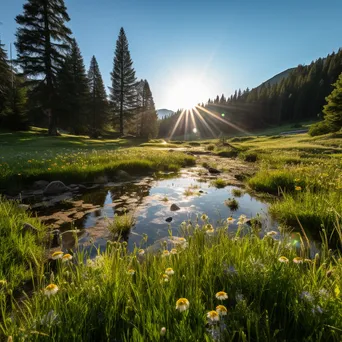 Tranquil alpine meadow reflecting a sky in a pond surrounded by wildflowers. - Image 4