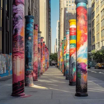 City sidewalk with towering graffiti-painted pillars transitioning from dawn to midnight hues - Image 2