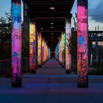 City sidewalk with towering graffiti-painted pillars transitioning from dawn to midnight hues - Image 4