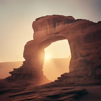 Rock arch during sunrise with fog - Image 1