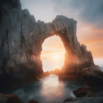 Rock Arch at Sunrise in Fog