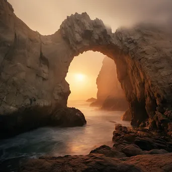 Rock arch during sunrise with fog - Image 3