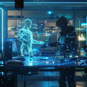 Human collaborating with AI assistant in a futuristic office with holographic interface - Image 2