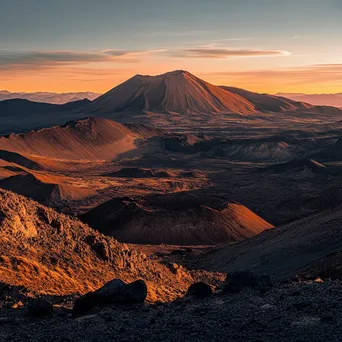 Remote volcano landscape during sunset with vibrant orange sky and shadows - Image 1