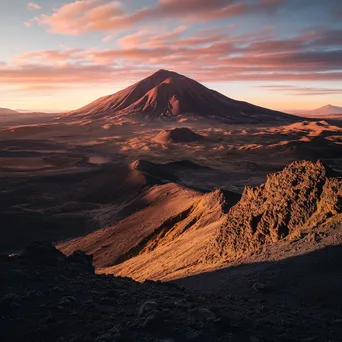 Remote volcano landscape during sunset with vibrant orange sky and shadows - Image 3