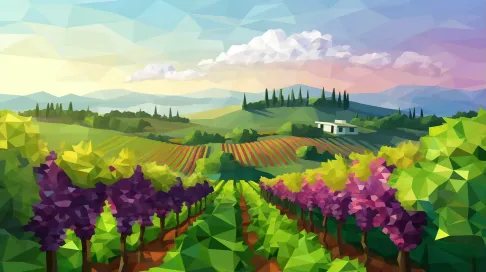 Rustic low poly vineyard scene in green and purple tones with polygonal grapes and vines - Image 1