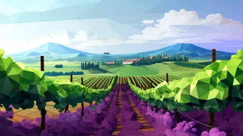 Rustic low poly vineyard scene in green and purple tones with polygonal grapes and vines - Image 3