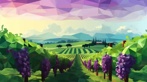 Rustic low poly vineyard scene in green and purple tones with polygonal grapes and vines - Image 4