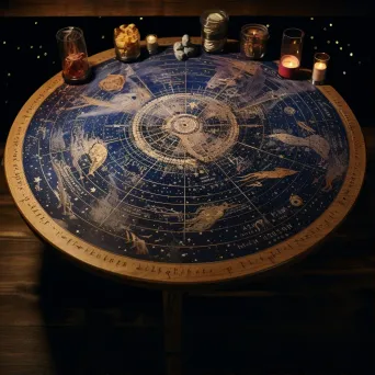 Intricate celestial map on an antique wooden table - Image 1