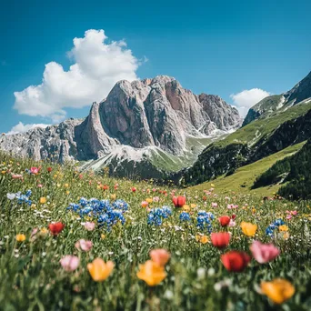 Mountain cliffs adorned with colorful wildflowers under a blue sky. - Image 2