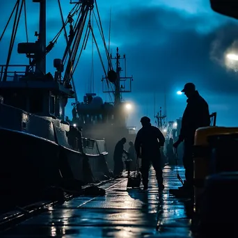 Fishermen checking equipment aboard a boat at dawn in a harbor. - Image 3