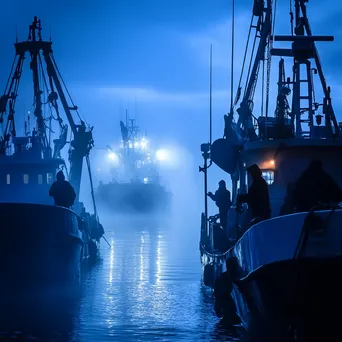 Fishermen checking equipment aboard a boat at dawn in a harbor. - Image 4