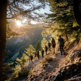 A diverse group of hikers on a steep mountain trail enjoying nature together. - Image 2