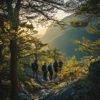 A diverse group of hikers on a steep mountain trail enjoying nature together. - Image 3