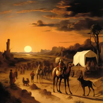 Nomadic tribe crossing hot desert with caravan of camels and setting sun - Image 1