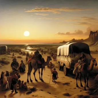 Nomadic tribe crossing hot desert with caravan of camels and setting sun - Image 2