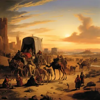 Nomadic tribe crossing hot desert with caravan of camels and setting sun - Image 4