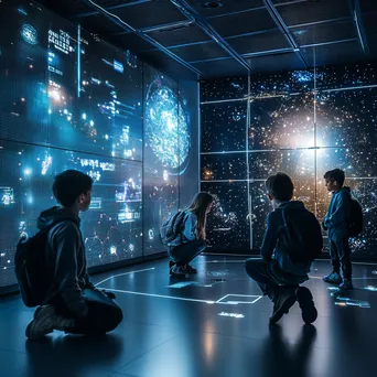 Futuristic educational space with interactive digital grids and students, photographed with a Fujifilm GFX 100S. - Image 1