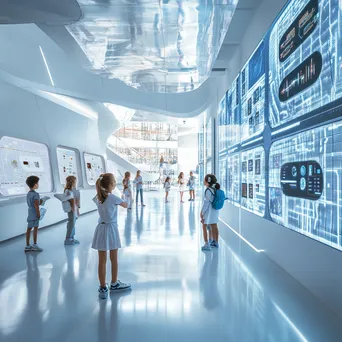 Futuristic educational space with interactive digital grids and students, photographed with a Fujifilm GFX 100S. - Image 2