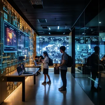 Futuristic educational space with interactive digital grids and students, photographed with a Fujifilm GFX 100S. - Image 4