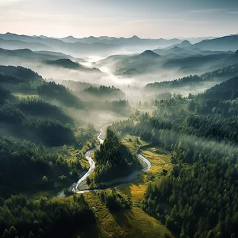 Aerial view of a fog-filled valley with forests and rivers - Image 1