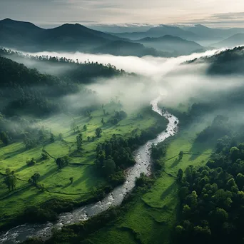 Aerial view of a fog-filled valley with forests and rivers - Image 2