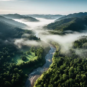 Aerial view of a fog-filled valley with forests and rivers - Image 3