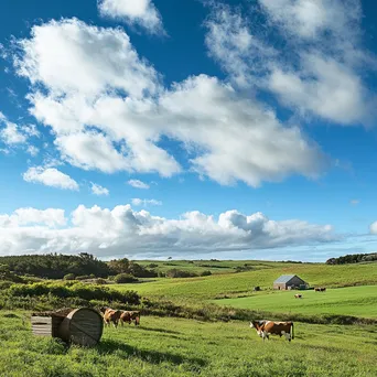 Traditional dairy farm landscape with cows and an old butter churn under a blue sky - Image 2