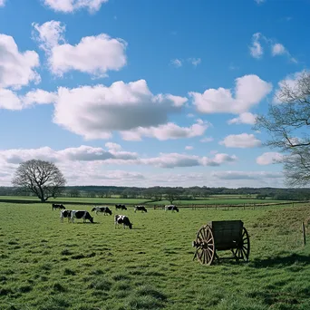 Traditional dairy farm landscape with cows and an old butter churn under a blue sky - Image 4