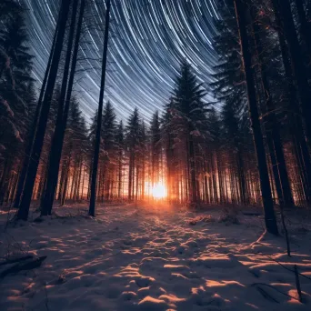 Glowing star trails above a snow-covered winter forest - Image 2