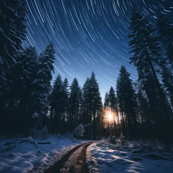 Glowing star trails above a snow-covered winter forest - Image 4