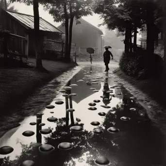 Scene of children jumping into puddles that transform into gateways to water worlds - Image 1