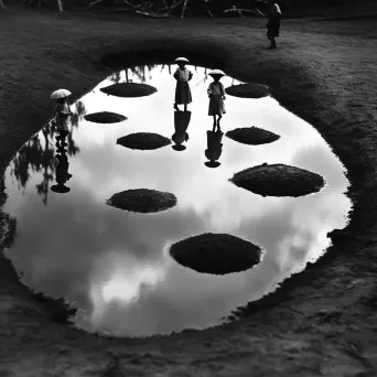 Scene of children jumping into puddles that transform into gateways to water worlds - Image 2