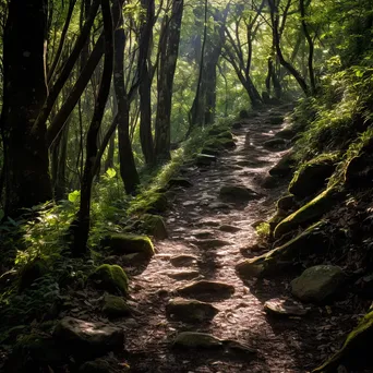 A trail in a sunny dense forest - Image 1