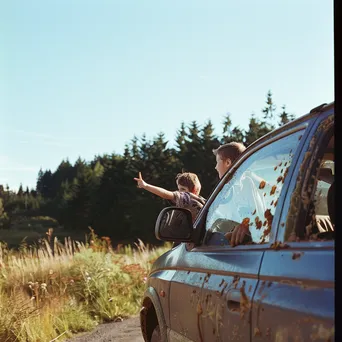 Family on a road trip with kids pointing out sights from the car. - Image 4