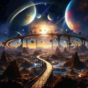 Futuristic digital art of a planetary alignment forming a cosmic bridge between realms - Image 1