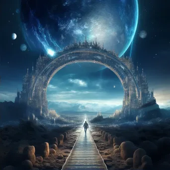 Futuristic digital art of a planetary alignment forming a cosmic bridge between realms - Image 2