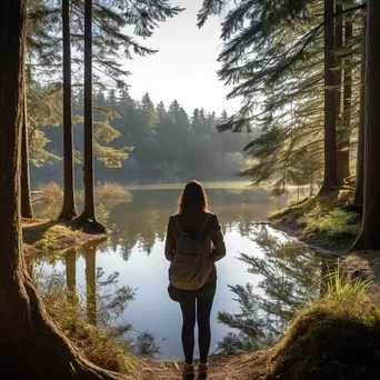 Woman walking in nature by a tranquil lake - Image 2