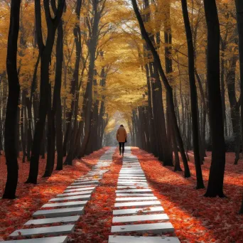 Artwork of a traveler walking through autumn leaves symbolizing life transitions - Image 2