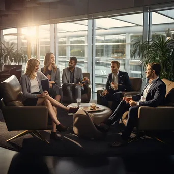 Group of business professionals brainstorming in airport lounge. - Image 1