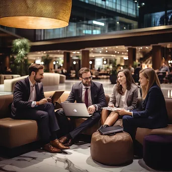 Group of business professionals brainstorming in airport lounge. - Image 2