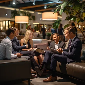 Group of business professionals brainstorming in airport lounge. - Image 4