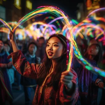 Artist creating light patterns with wands at an outdoor event. - Image 2