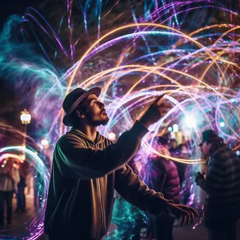 Artist creating light patterns with wands at an outdoor event. - Image 3