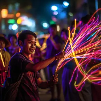 Artist creating light patterns with wands at an outdoor event. - Image 4