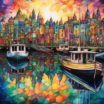 Bustling harbor with multicolored boats and vibrant reflections - Image 1