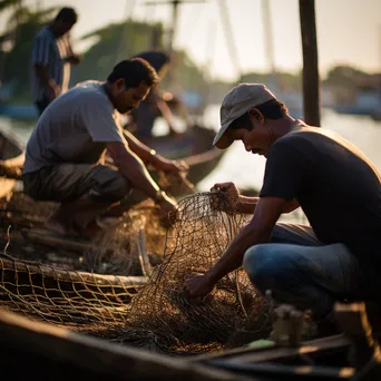 Fishermen collaborating to repair fishing nets at a harbor with boats. - Image 4