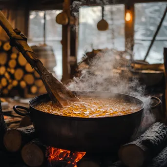 Close-up shot of maple syrup cooking in a large cauldron - Image 1