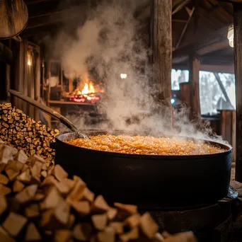 Close-up shot of maple syrup cooking in a large cauldron - Image 3