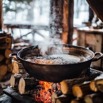 Close-up shot of maple syrup cooking in a large cauldron - Image 4